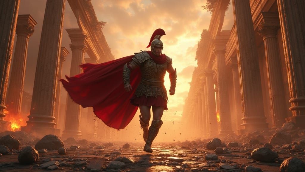 Roman Soldier Sprints Through Ancient Rome Amidst Blazing In...
