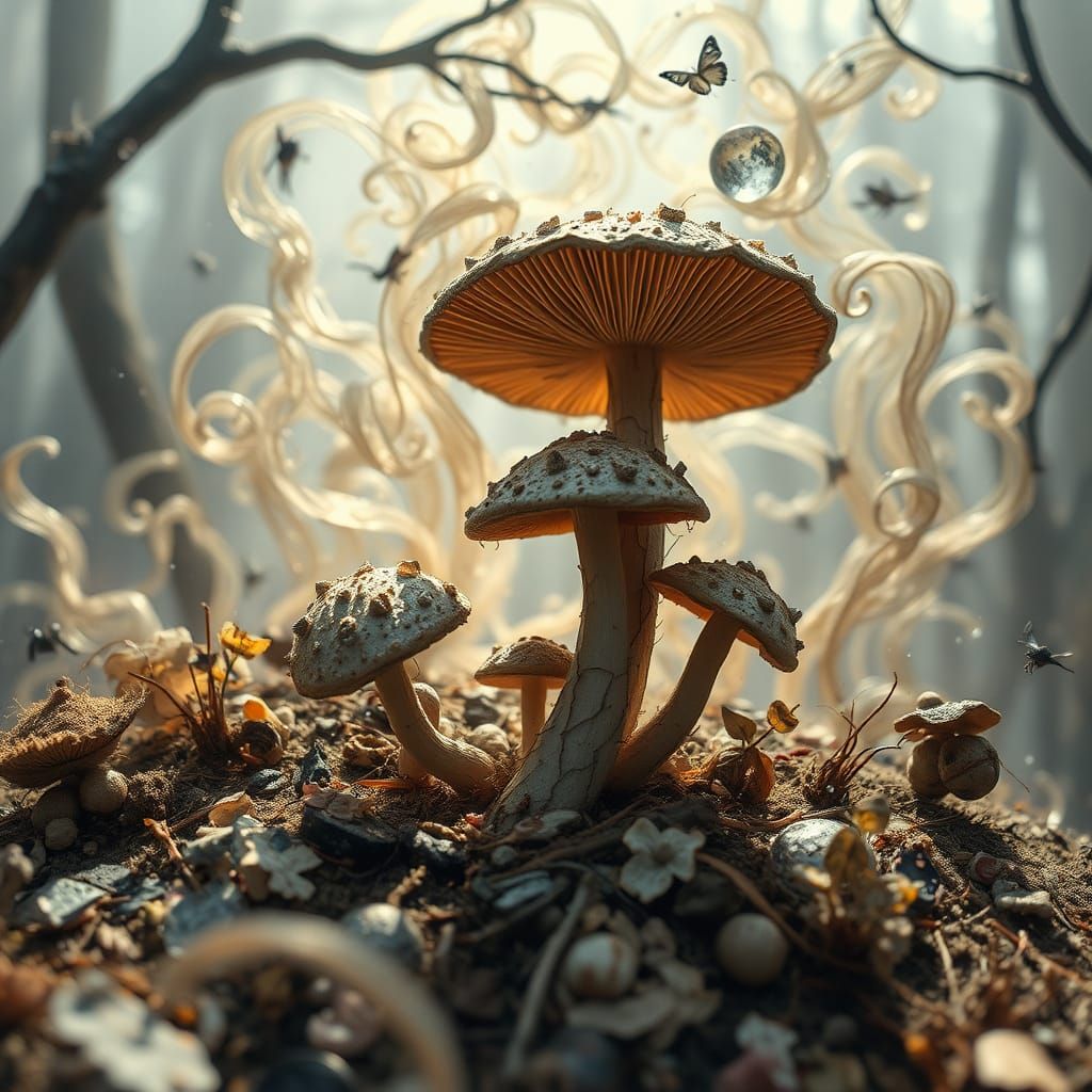 Cosmic Mushrooms Wrestle in Ethereal Light