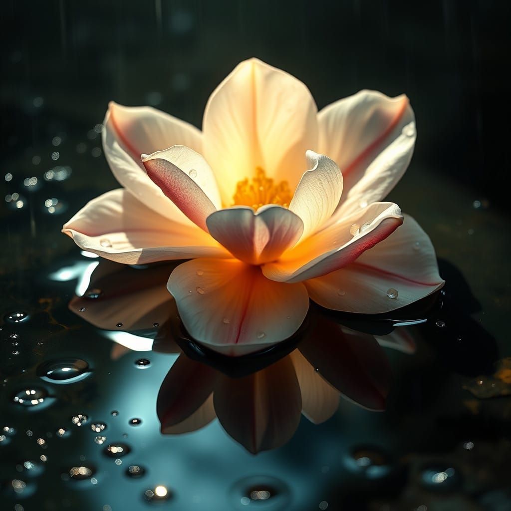 Gardenia in Perfect Reflection, Shimmering with Dew and Ligh...