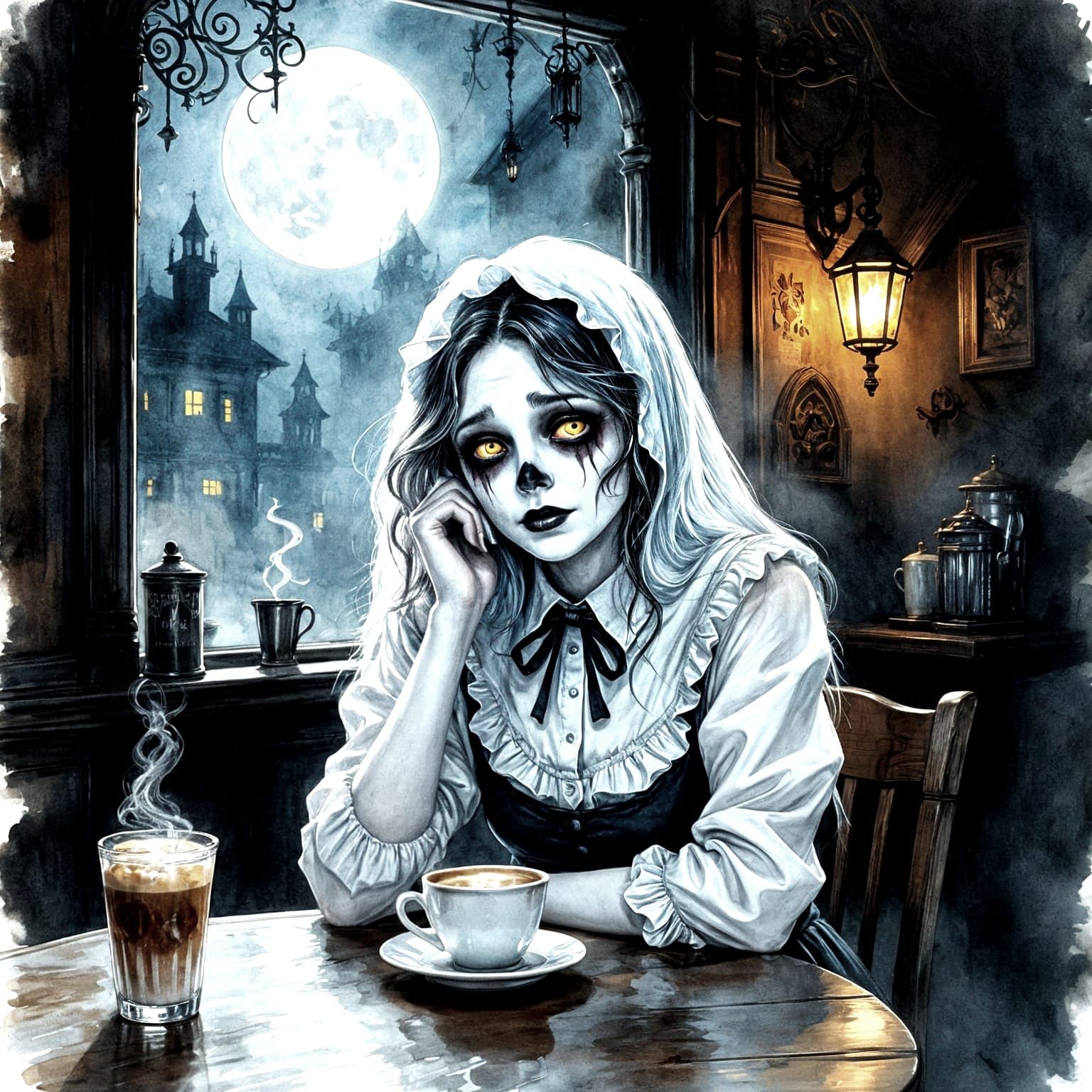 Ghostly Waitress in Moonlight Haunted Coffee Shop