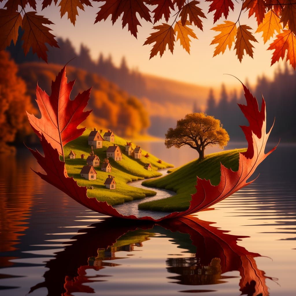 Miniature World on a Giant Autumn Leaf by a Lake