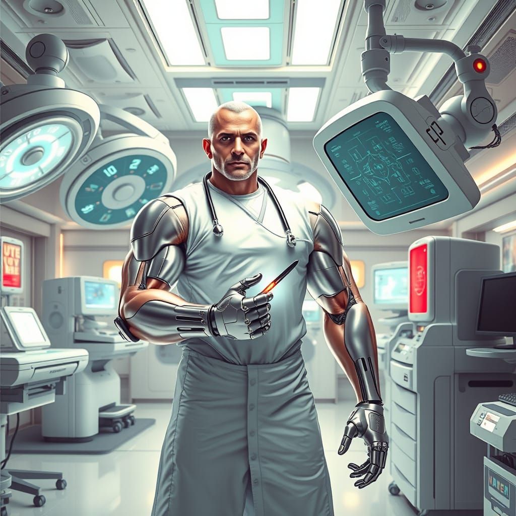 Cyborg Doctor in Futuristic Operating Room, Syd Mead Style