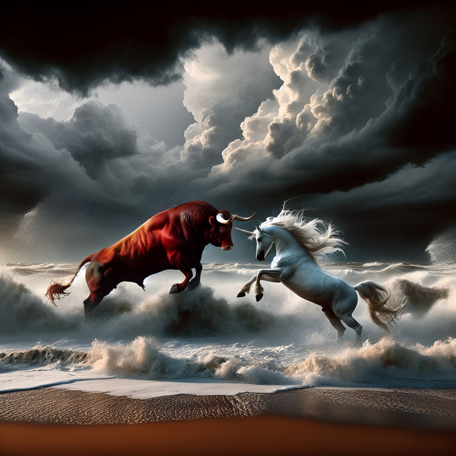 Red Bull and White Unicorn Clash on Stormy Beach