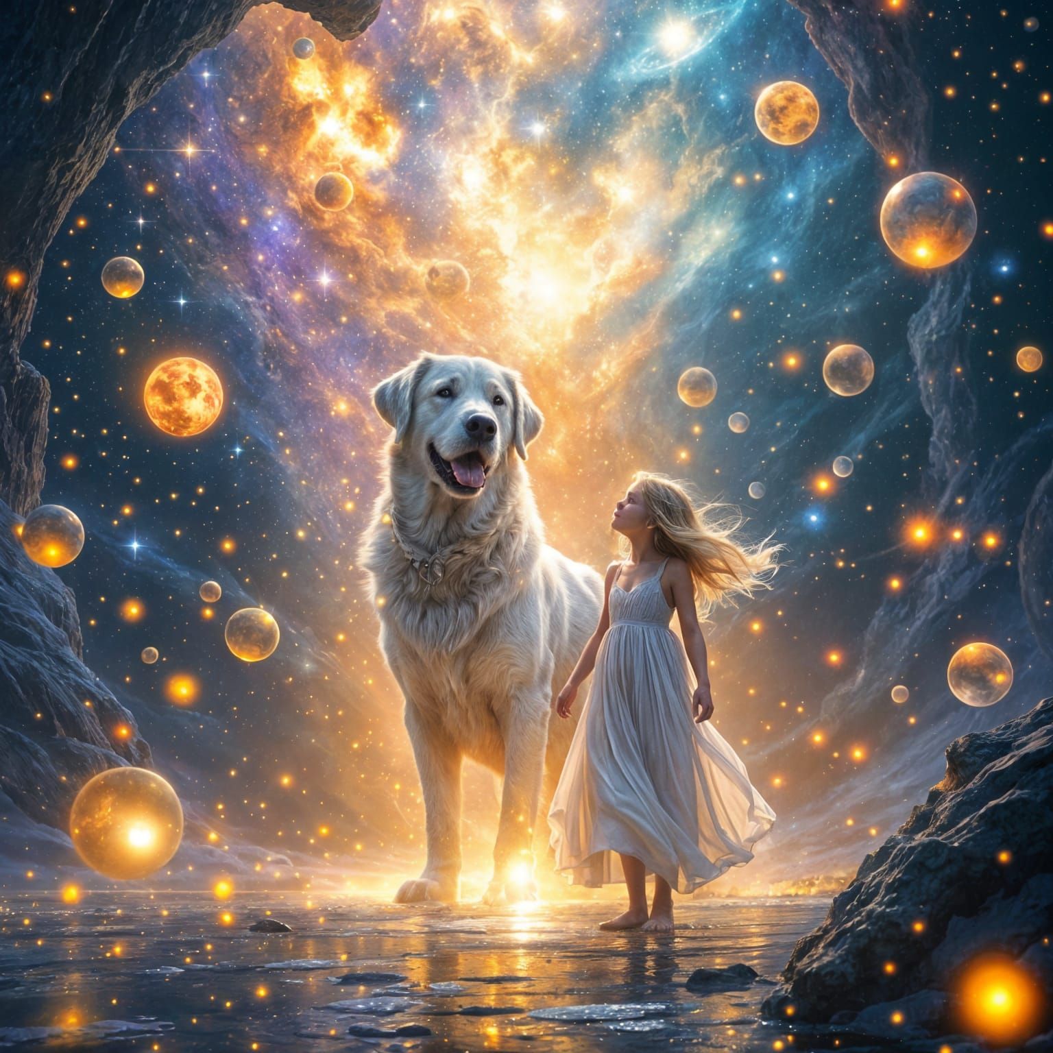 Celestial Chambers: Girl and Labrador in Cosmic Fantasy
