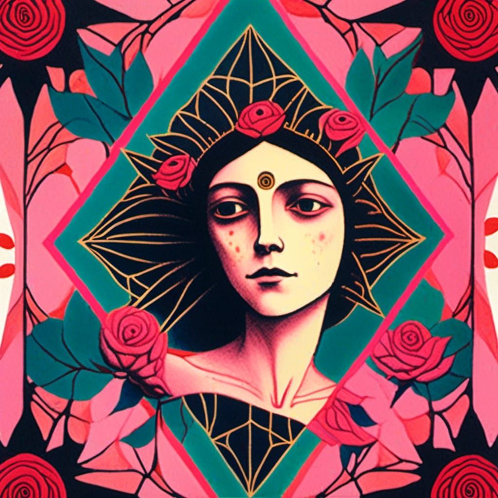 Pink Rose Fairy in Gouache Ink Print Style