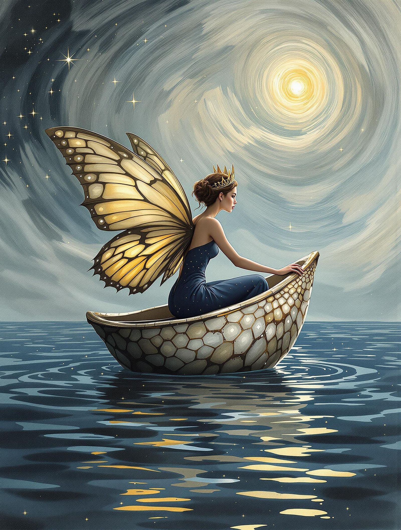 Fairy at Helm of Shell Boat in Watercolor and Ink