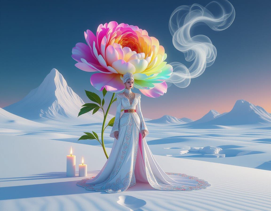 Elegant Lady on Rainbow Peony in Hyperrealistic Style