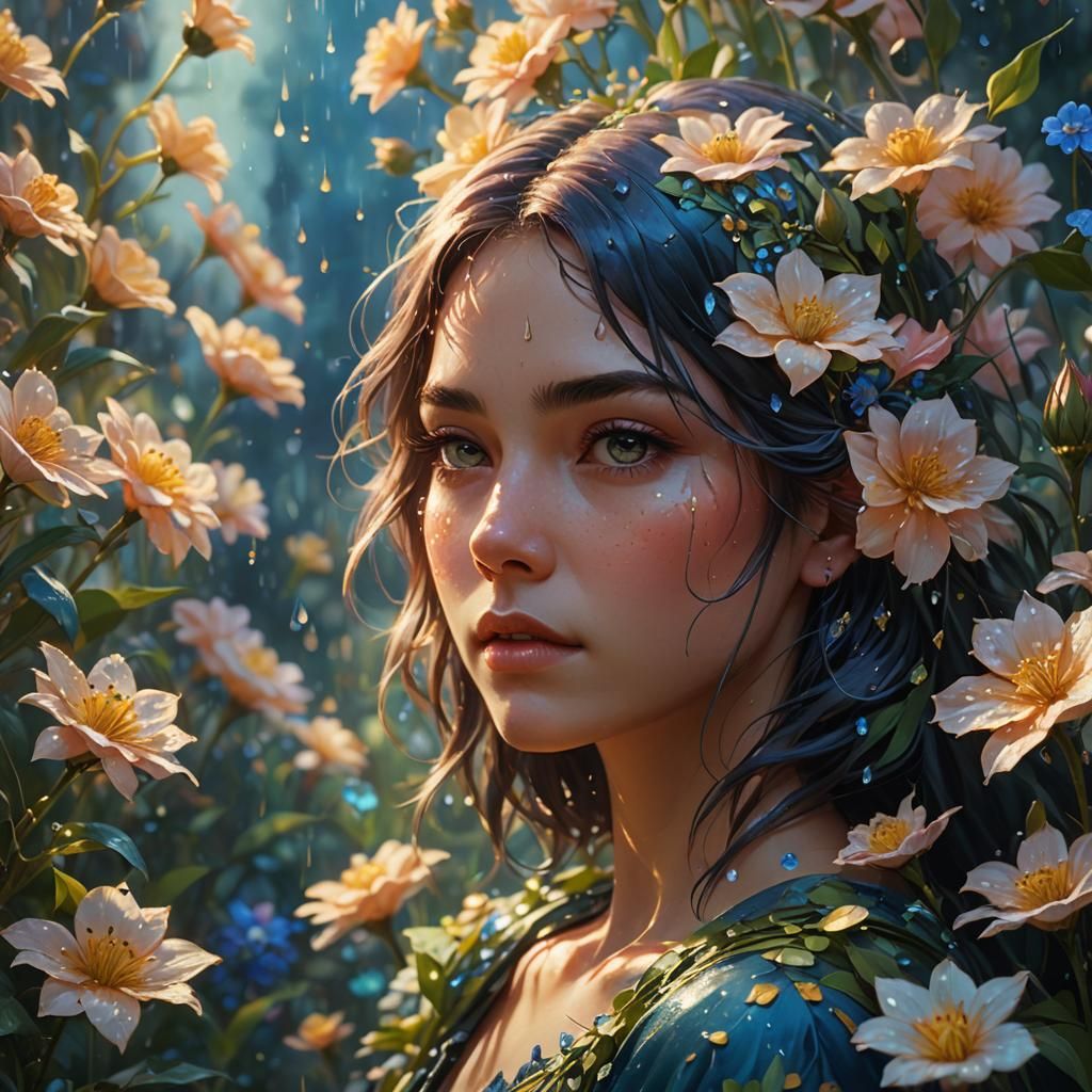 Girl in Dreamlike Flower Field: Fantasy Art