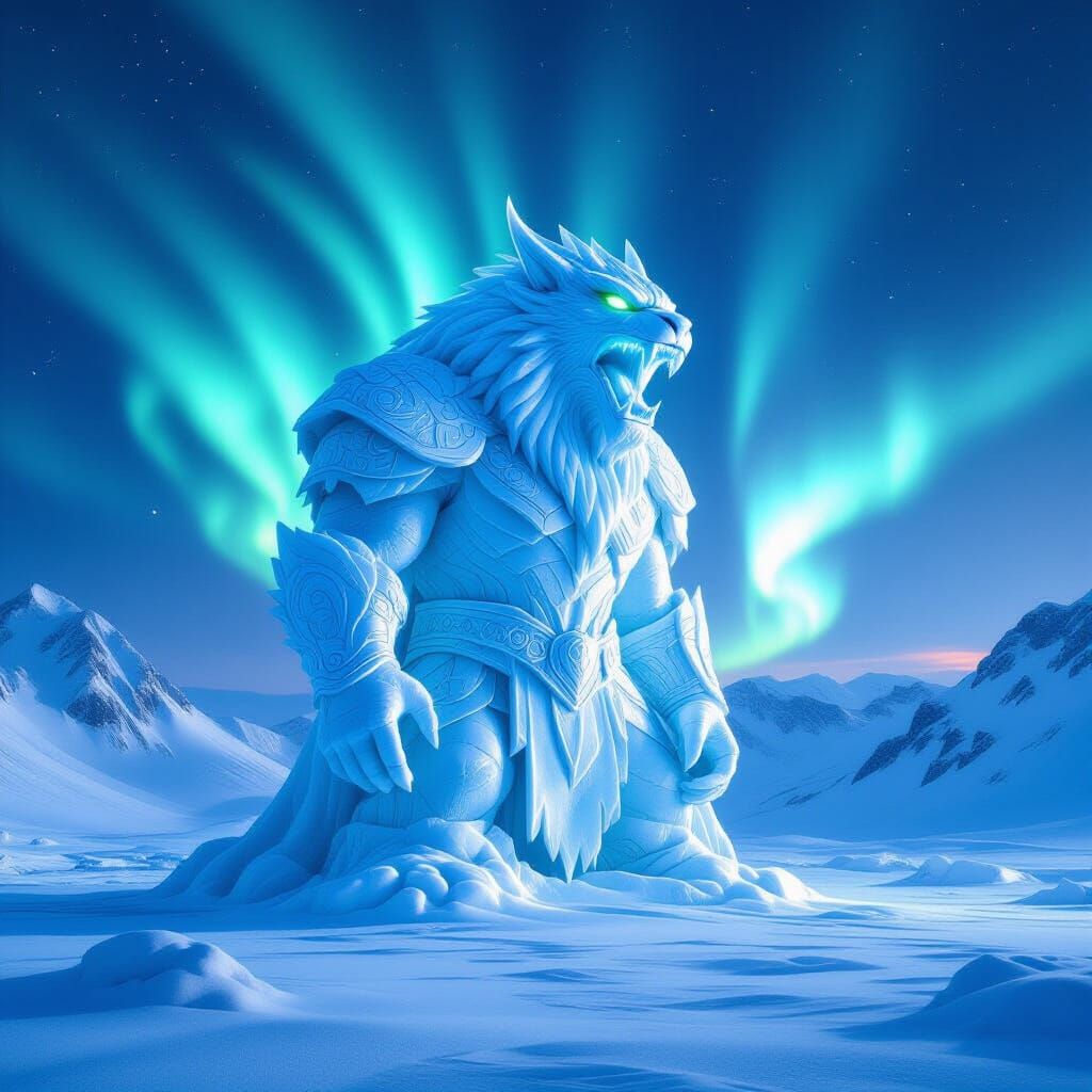 Colossal Ice Sculpture Roars in Aurora-Lit Tundra