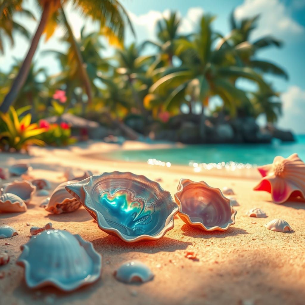 Vibrant Tropical Beach Scene with Iridescent Shells and Palm...