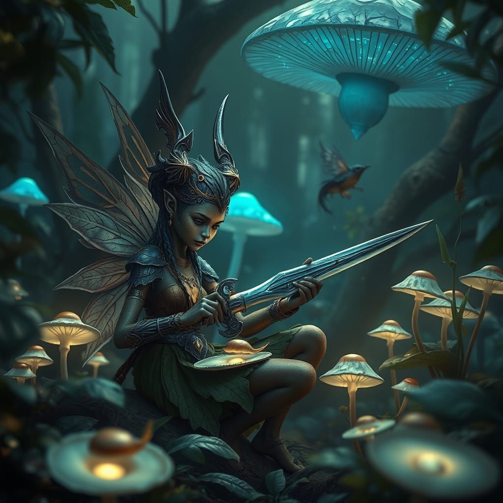 Whimsical African Fairy Polishes Sword under Glowing Mushroo...