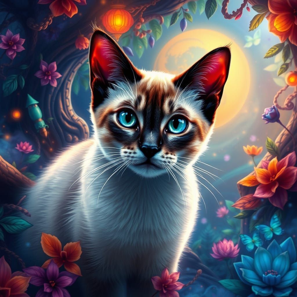 Surreal Siamese Cat in Mystical Realm