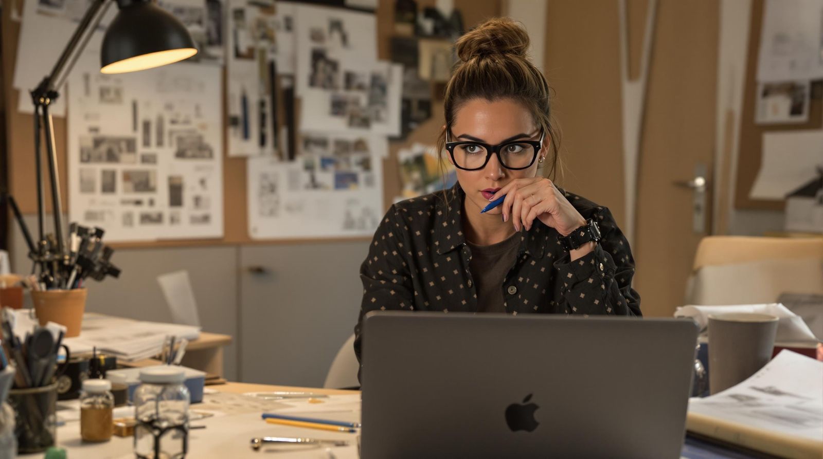 Modern Designer's Morning Focus in a Cluttered Creative Spac...