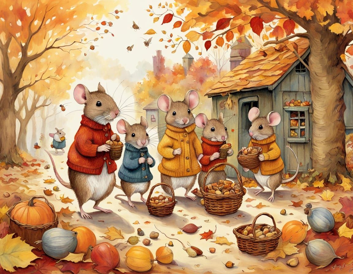 Cute Mice Family in Sweaters Gathering Acorns in Autumn Gard...