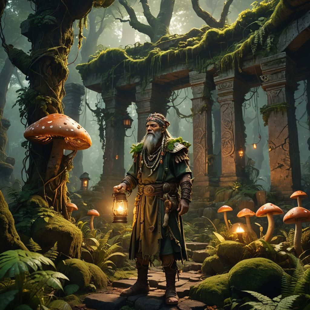 Forest Shaman in Ancient Ruins: Fantasy Matte Painting