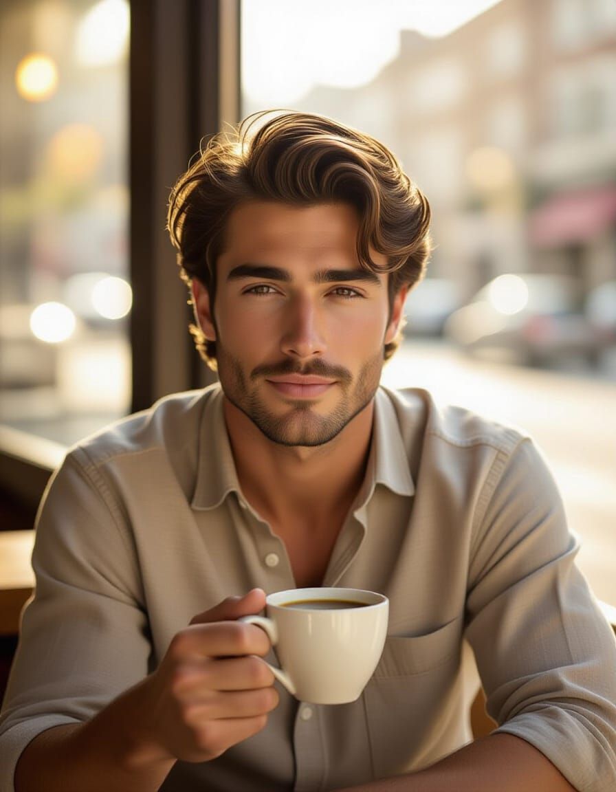 Cafe Portrait of Young Man with Coffee, Cinematic Lighting