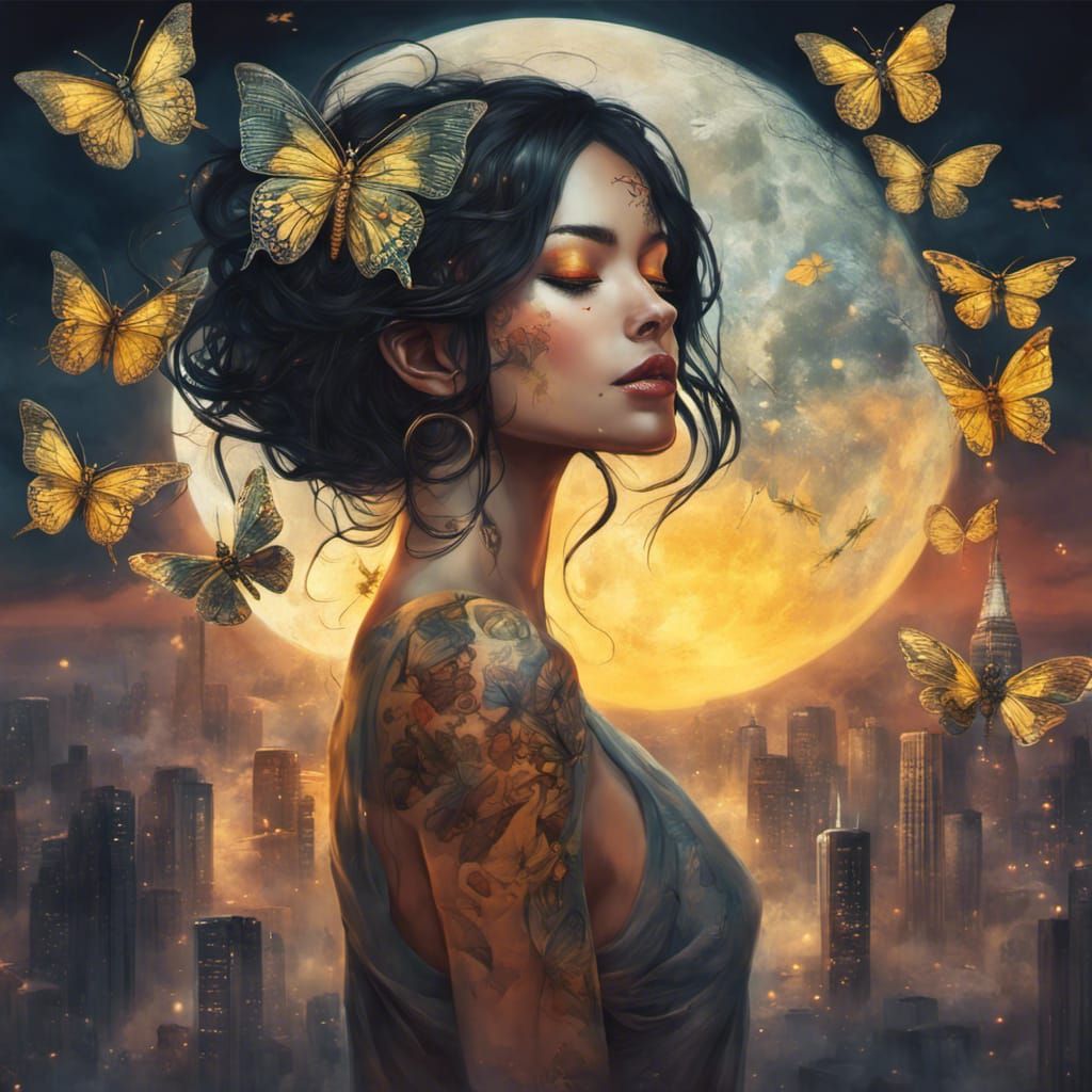 Dreamy Futuristic Woman with Butterflies and Moon