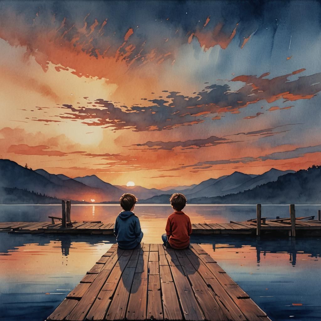 Boy on Dock at Sunset Watercolor Style