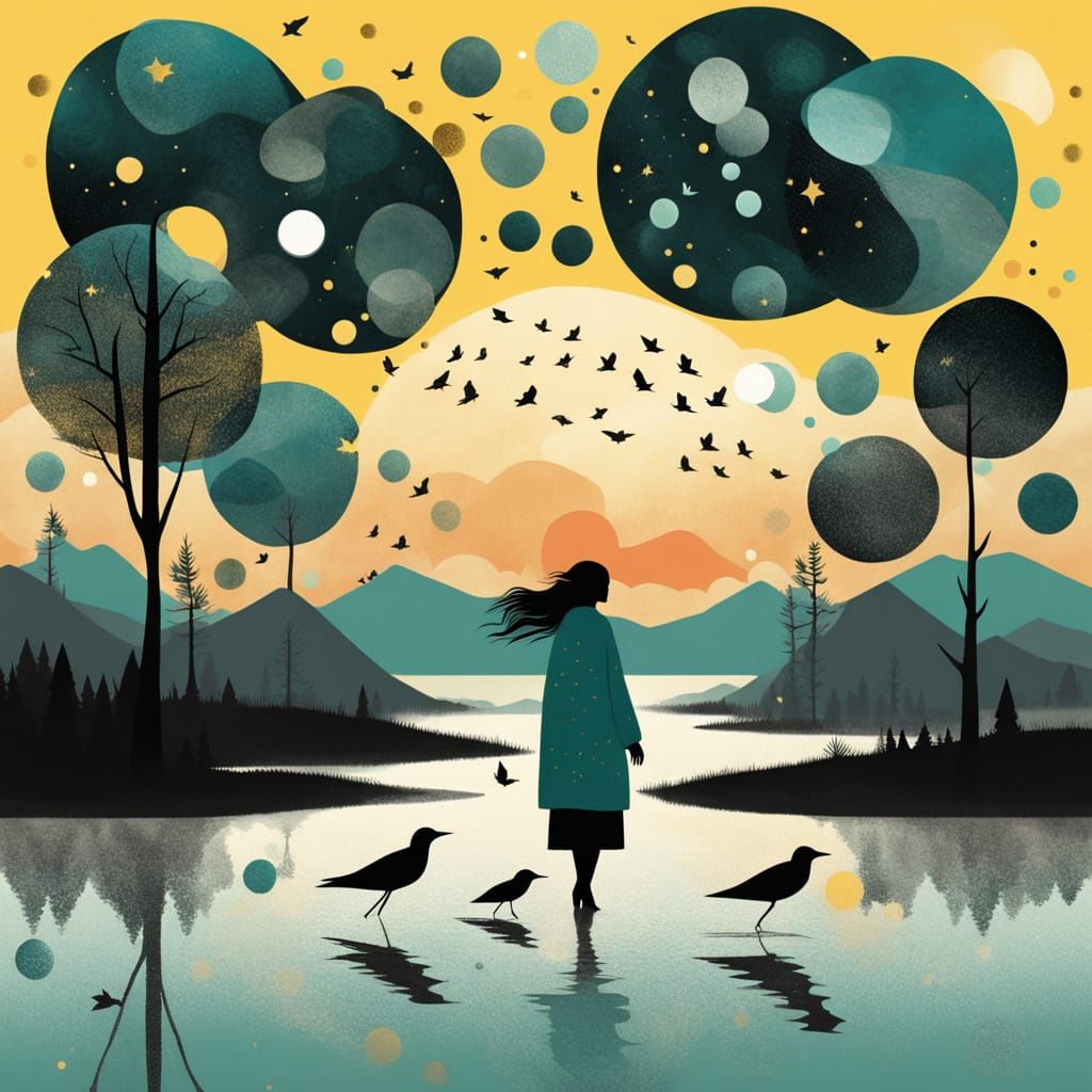 Woman on Lake with Birds in Jon Klassen Style