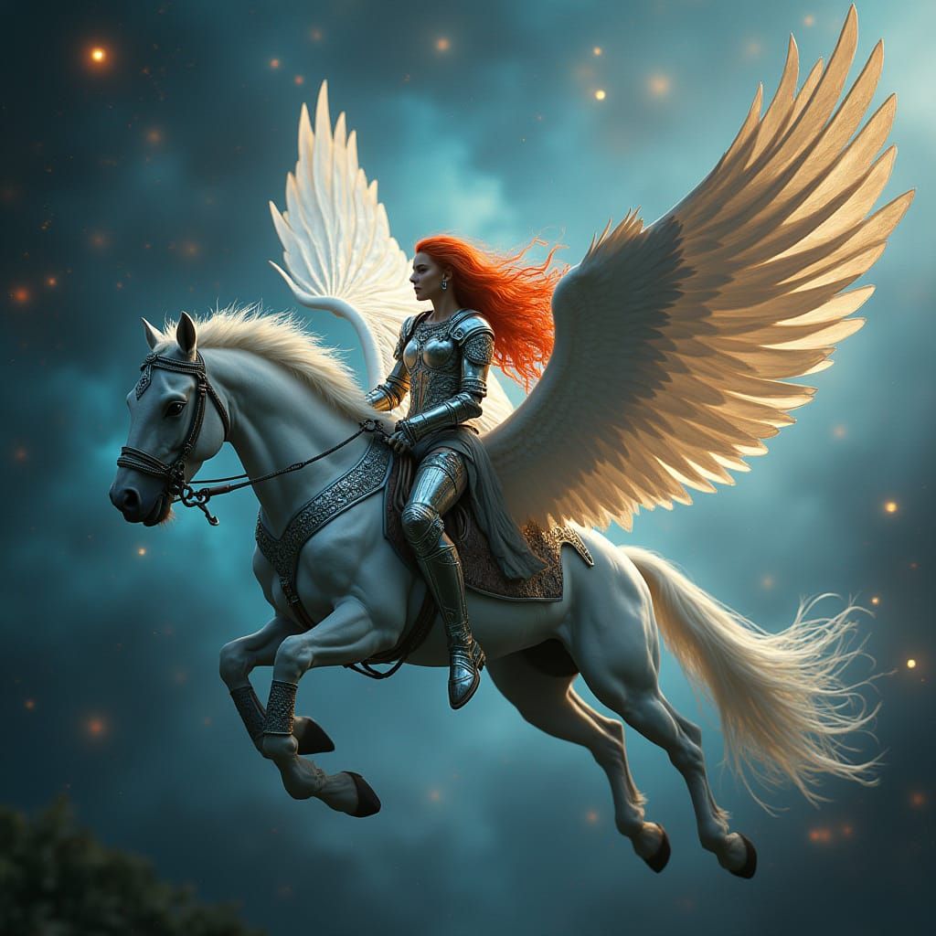 Valkyrie on Pegasus Soaring Through Nebula
