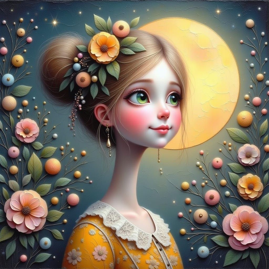 Enchanting Girl with Bird, Oil Painting