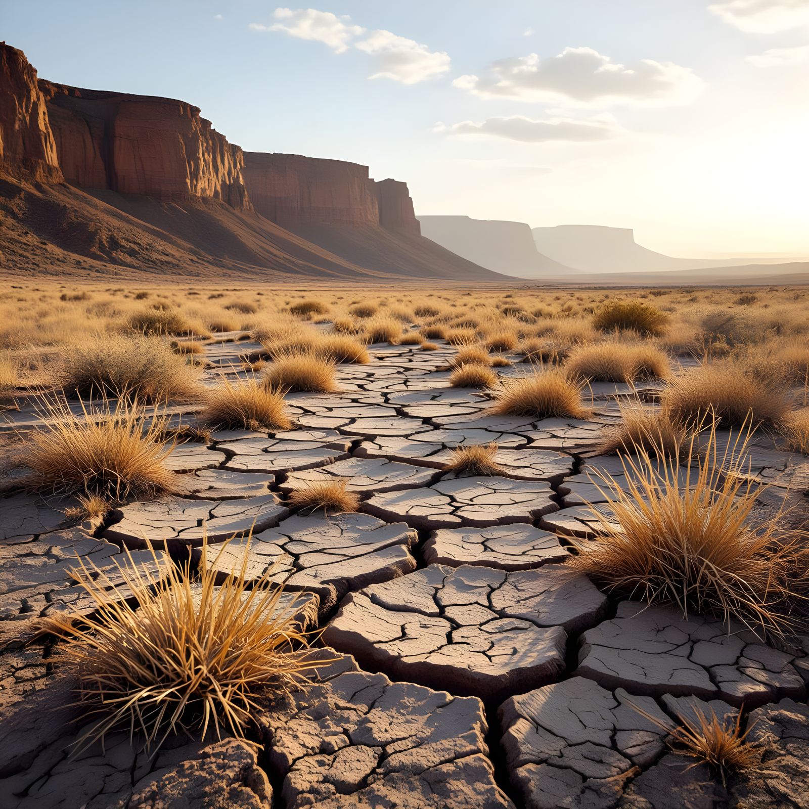 Hyperrealistic Dry Landscape with Sparse Grass and Cliff