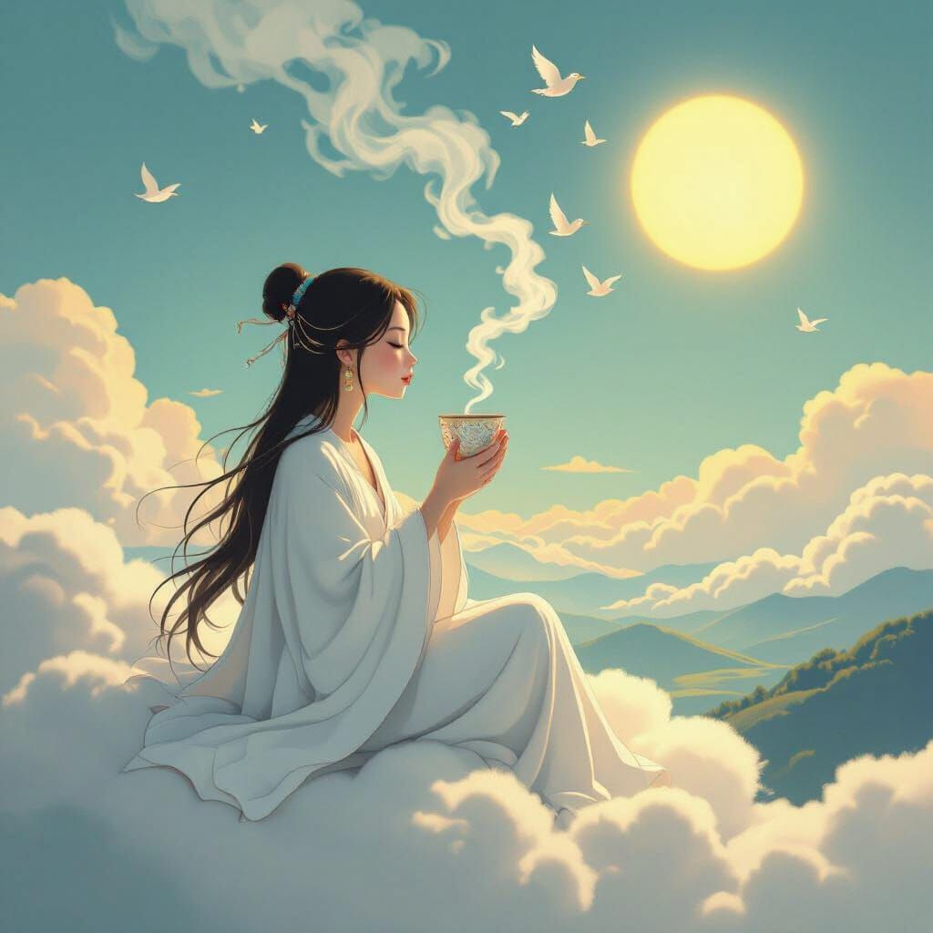 Bird Sipping from Gemstone Cup on Cloud