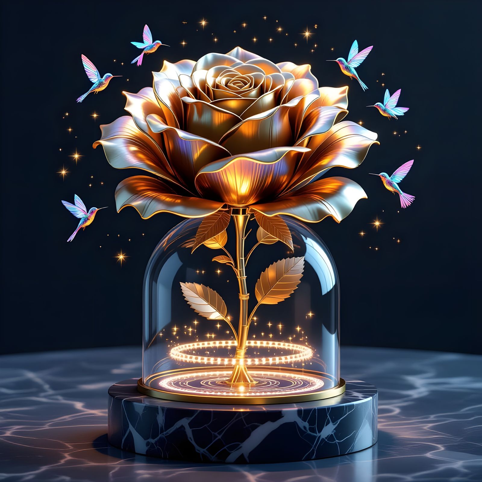 Envision a colossal mechanical rose whose petals are crafted...