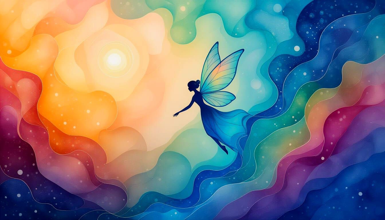 Whimsical Fairy Descends Holographic River in Art Deco Style