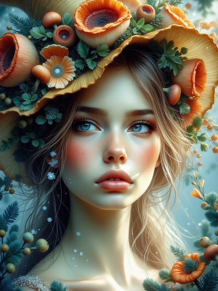Pixie Woman with Exotic Flower Hat in Dreamlike Style