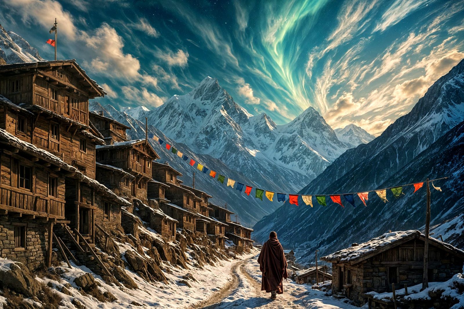 Himalayan Village with Celestial Aurora