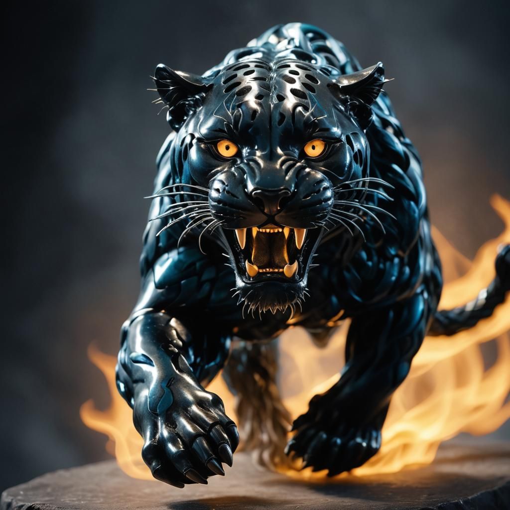 Metal Sculpture with Blue Hair and Jaguar