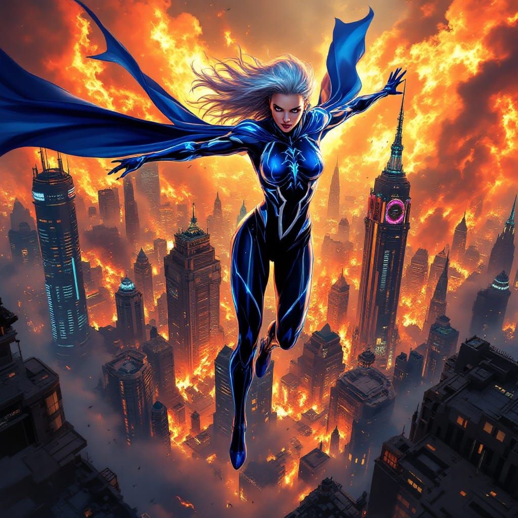 Cyberpunk Superheroine Descends Amidst Dystopian Chaos