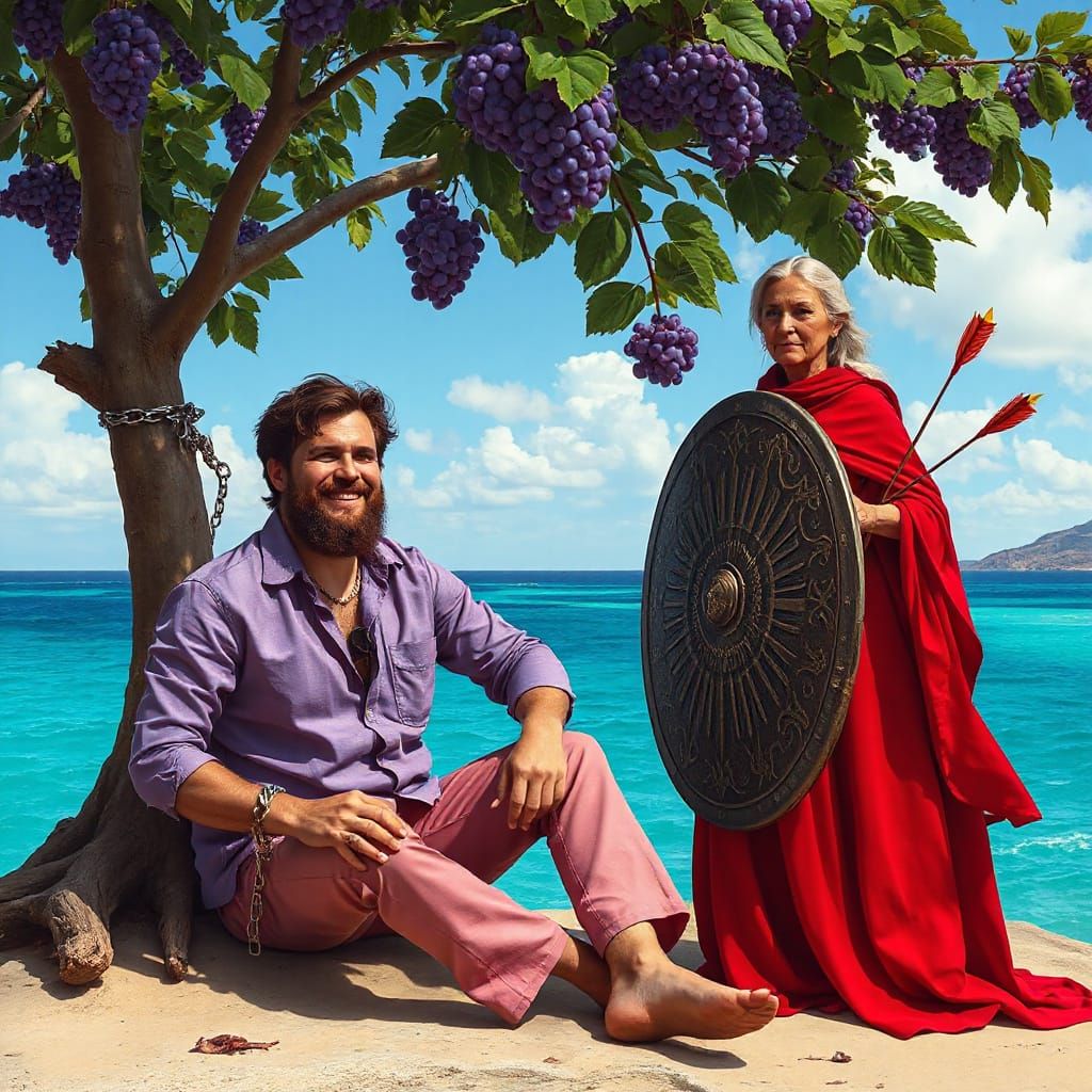 Dystopian Ocean Scene with Chained Man and Shielded Woman