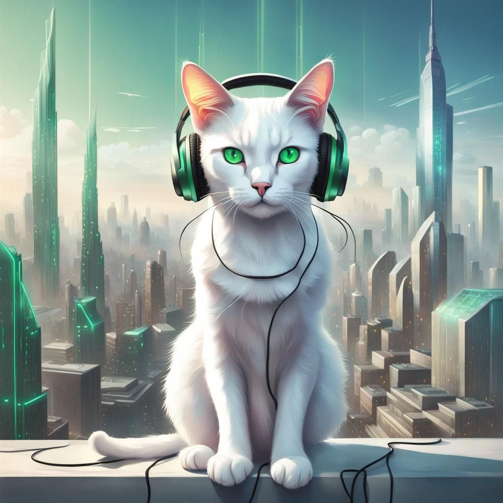 White Cat with Headphones in Cyberpunk City