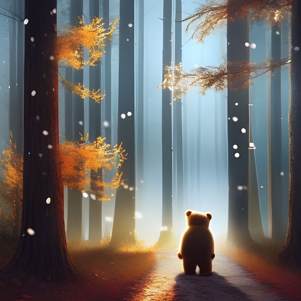 Cute Bear's First Snow in Autumn Forest