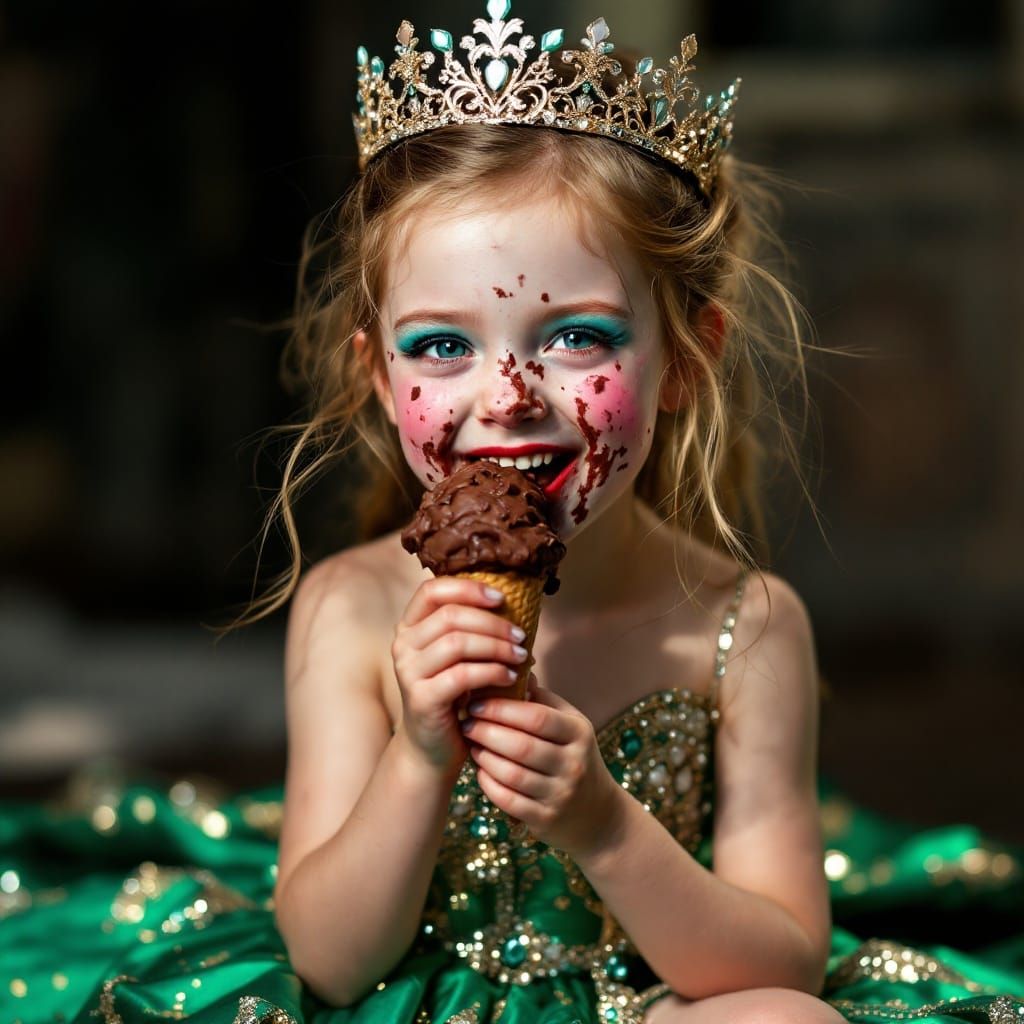 Child Princess Delights in Chocolate Ice Cream with Exaggera...