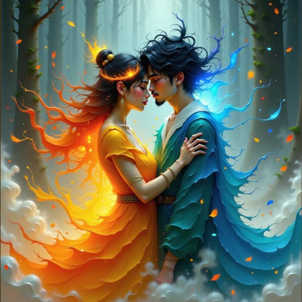 Fire and Water Spirits Embrace in Dreamlike Scene