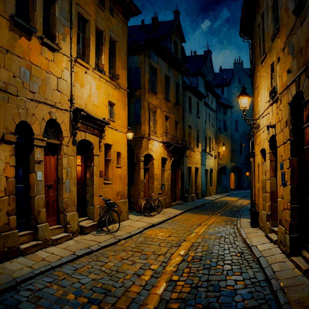 vincent van gogh. narrow street at night between s curve row...