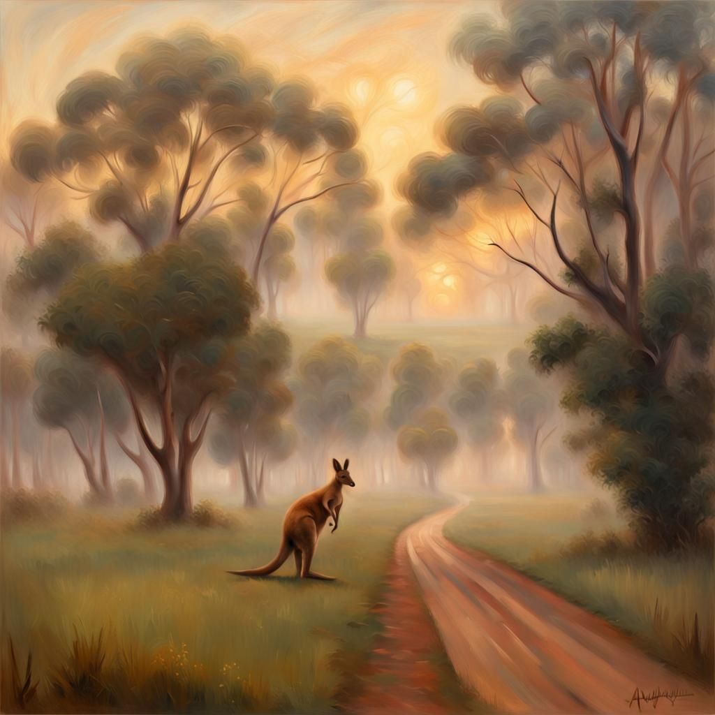 Kangaroo in Misty Suburb: Tonalist Painting
