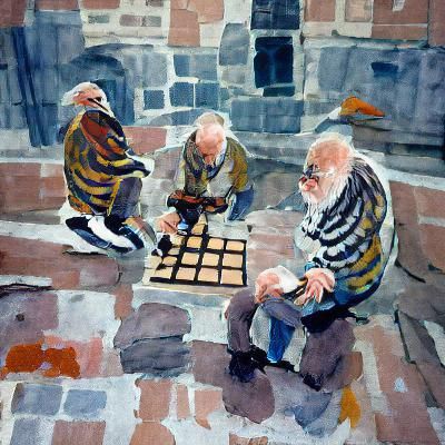 Elderly Men Play Checkers: Gouache Courtyard Scene