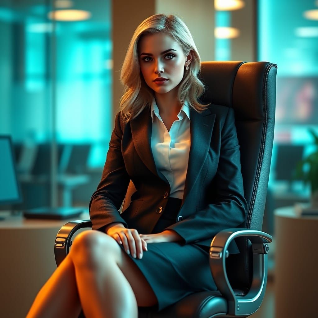 Confident Business Woman in Dreamlike Office Setting
