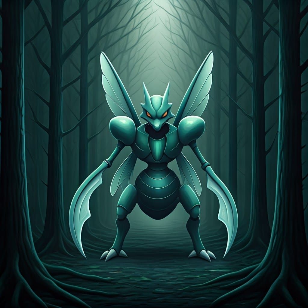 Glowing Scyther in Eerie Forest, Digital Art