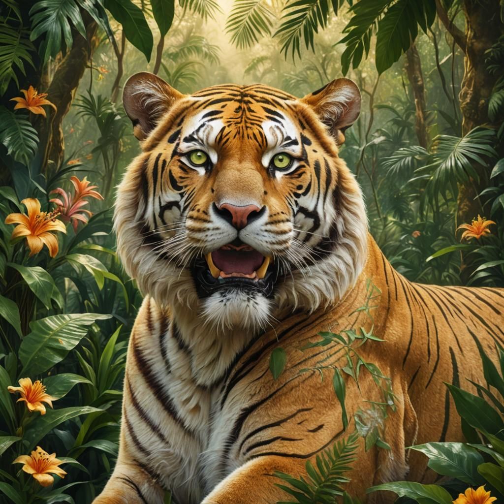 Regal Golden Tiger Portrait in Mystical Jungle