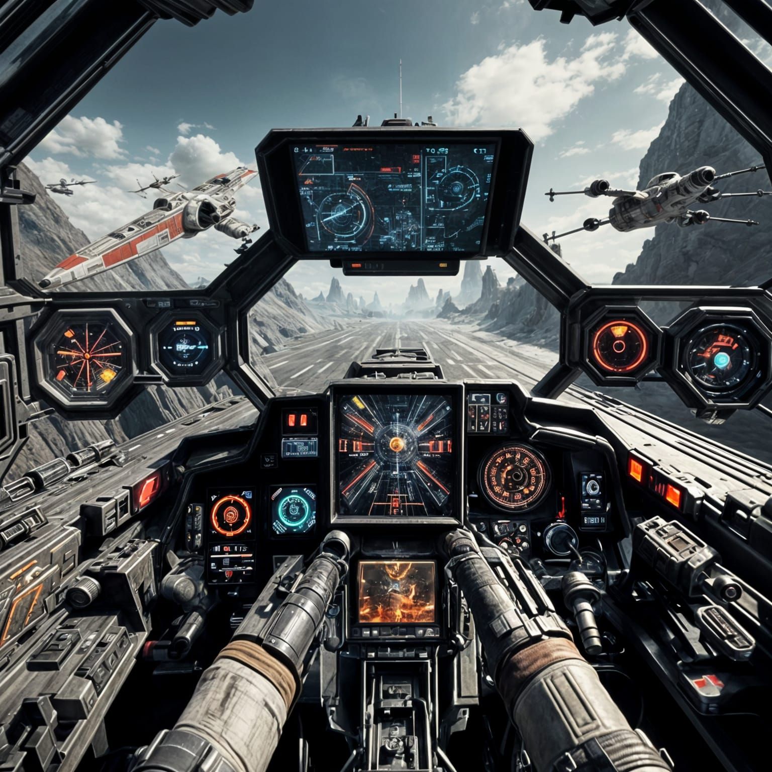 in the style of a first person shooter Star Wars X-wing figh...