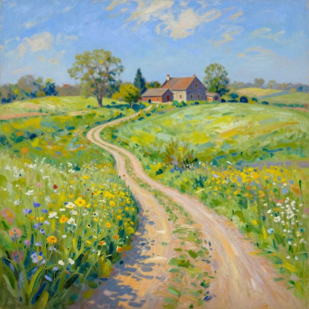Impressionist Countryside Landscape in Warm Sunlight