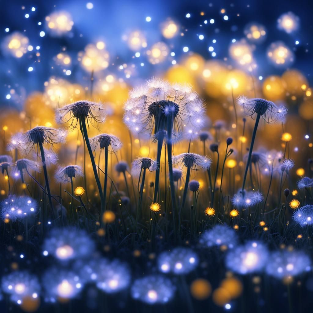 Glowing Dandelion Field with Fireflies and Lights