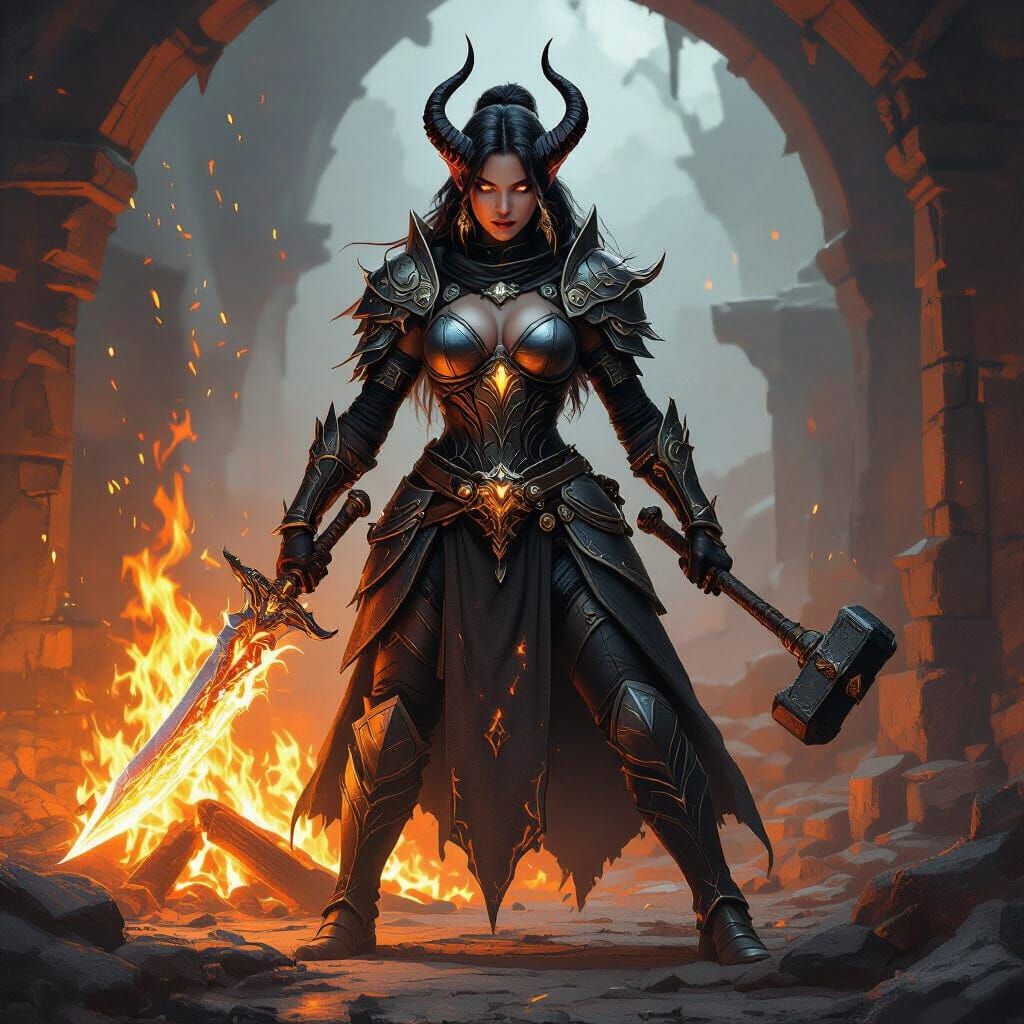 Tiefling Forge Cleric Wielding Spirit Scimitar and Mace