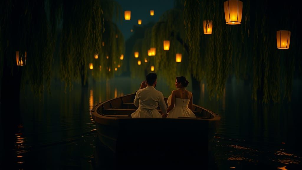 Enchanted Night: Couple in Vintage Boat
