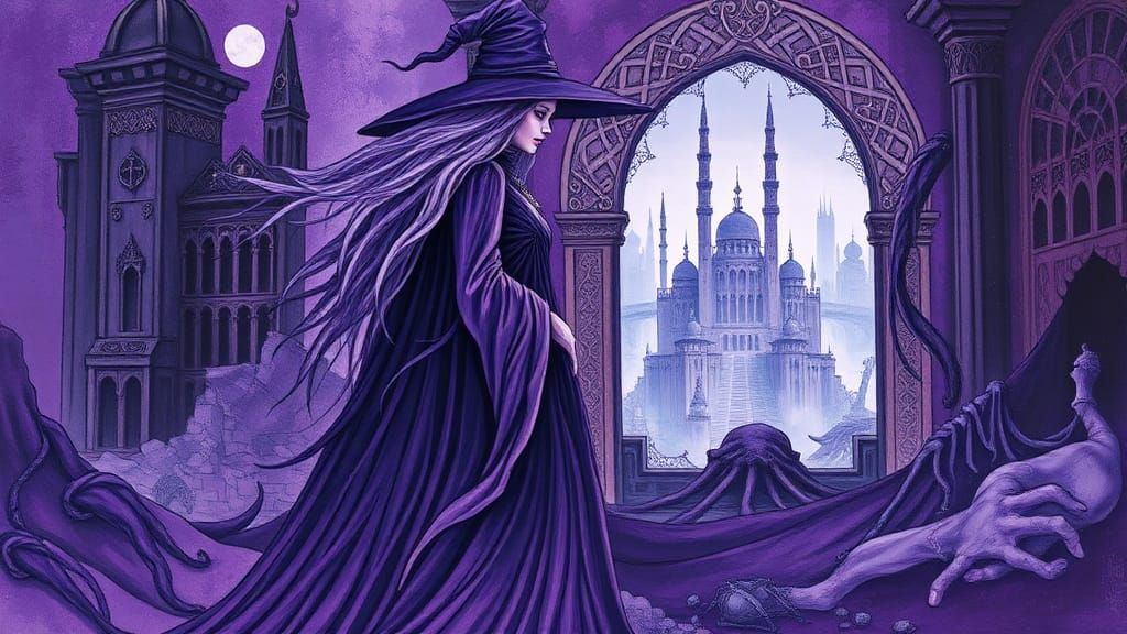The Purple Witch: Impasto Sorceress in Dystopian Cityscape